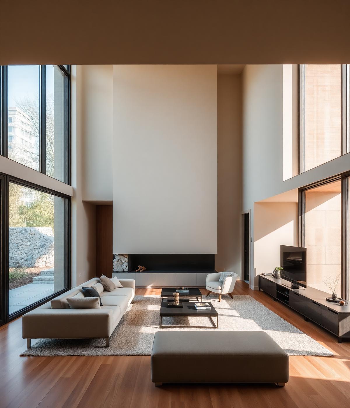 Minimalist modern home interior with hidden technology integration